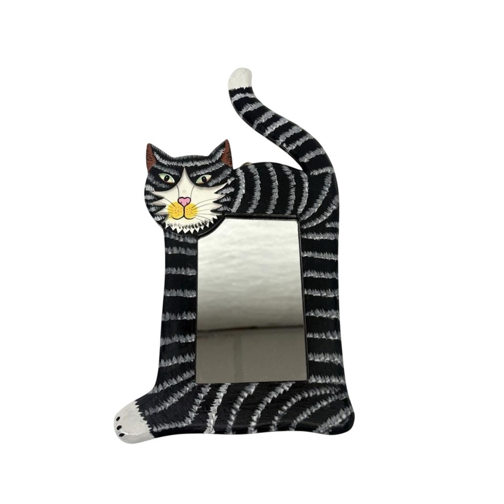 Hand Painted Wood Cat Mirror Black Tabby Wall Decor Folk Art Indonesia 12" x 5''